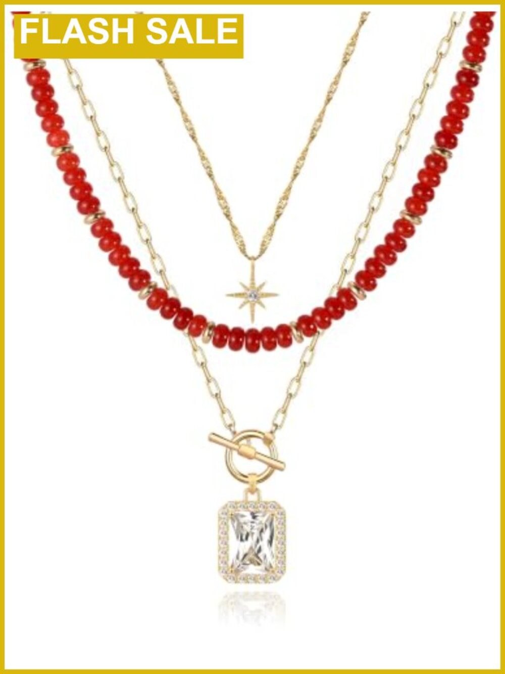 14K Gold Plated Layered Necklace Set Cubic Zirconia Pendant